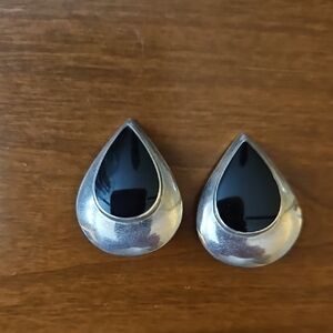 Silver and Black Teardrop Clip Earrings